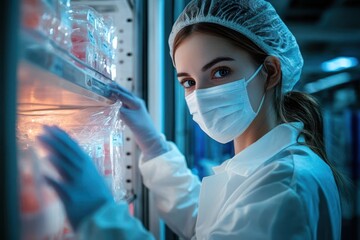 Focused female scientist wearing protective clothing and face mask working in a laboratory with refrigerated samples
