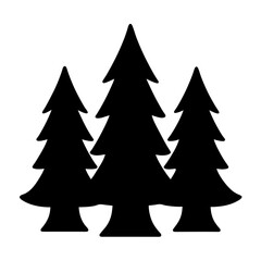Three simple stylized Christmas trees with geometric shapes, silhouetted in black