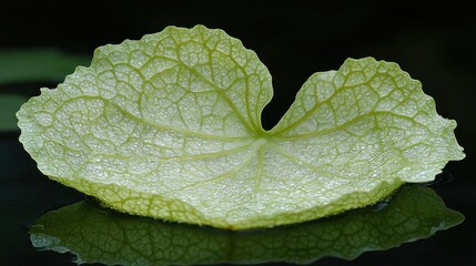 Delicate leaf, vibrant green, floating on water, intricate veins