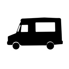Silhouette of a food truck van with two wheels and windows