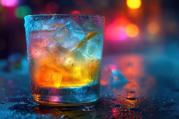 Neon Party Cocktail Glowing in Dark Bar, Trendy Nightlife Scene, AI Generated