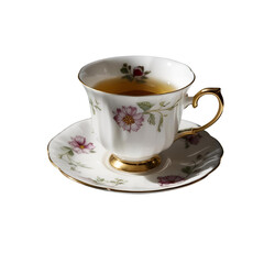 Elegant Floral Tea Cup with Black Tea - PNG on Transparent Background - Generative AI