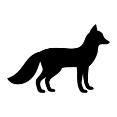 Sleek black fox silhouette, standing alert and watchful against white background