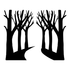 An eerie black and white illustration of a path through dark trees