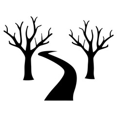 Monochrome landscape illustration featuring a winding path between two barren trees