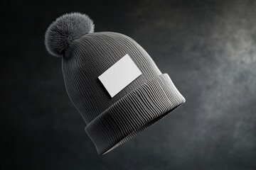 3D render of a blank grey beanie with a white square label mockup, floating on a dark background