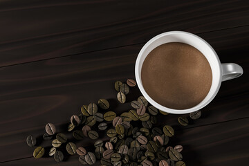 Top view of a coffee cup with roasted beans on dark wood background