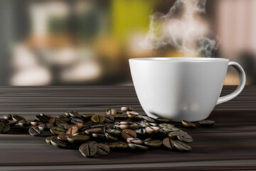 Steaming Hot Coffee Espresso Cup with Roasted Beans on Wood texture