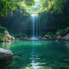 Naklejka premium A cascading waterfall in the jungle.