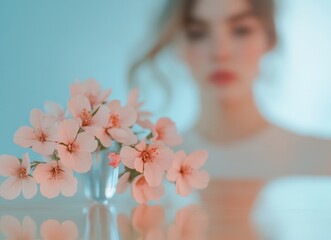 Naklejka premium Delicate pink blossoms in a glass vase, reflected on a surface, with a blurred woman in the background.