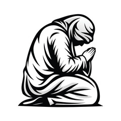 Woman Kneeling Silhouette with Hands Folded, Eyes Closed, Wearing Robe, Black and White