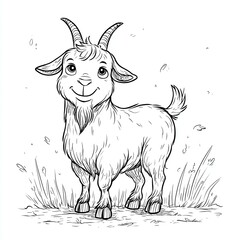 Cute cartoon goat standing in a grassy field with a cheerful expression and playful background elements