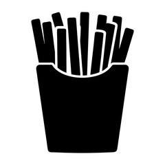 Silhouette of golden French fries in a paper container on white background