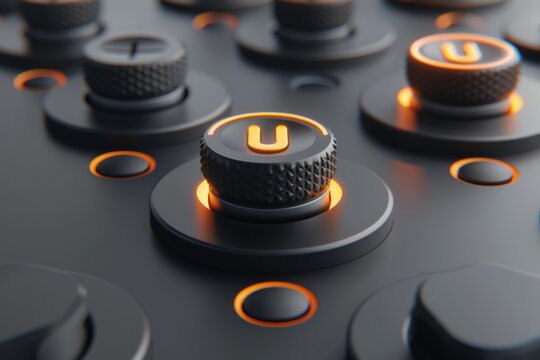 Futuristic black control knobs with glowing orange accents arranged on a sleek, modern surface.