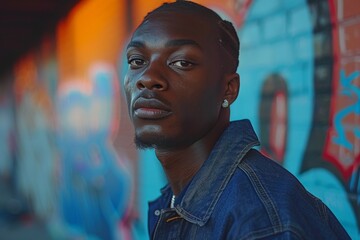 urban fashion shoot with diverse model in denim jacket, graffiti wall, realistic style, warm sunset lighting, vibrant blue and orange tones, angled composition
