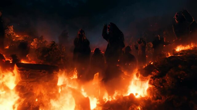 Demonic horde rising from fiery abyss: cinematic hellscape of flames and terror