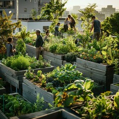 urban rooftop garden with diverse gardeners, candid style, bright daylight, vibrant green and gray tones, wide-angle composition with garden in foreground