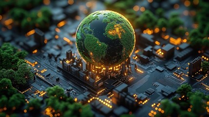 Digital globe with green landmasses surrounded by illuminated circuit board and small trees symbolizing technology and environment integration