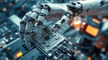 Fototapeta premium Robotic hand working on circuit board