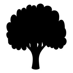 Isolated silhouette of a full, bushy tree with a thick trunk