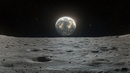 Glowing exoplanet rising over cratered lunar surface.