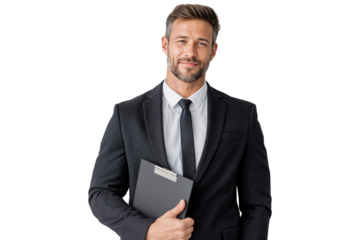 Well-dressed executive manager, smiling confidently with a clipboard, ready for a meeting. Isolated on transparent background