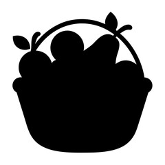 Stylized illustration of a fruit basket overflowing with a bounty of produce