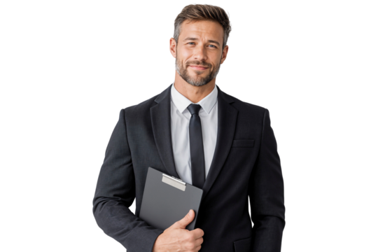 Well-dressed executive manager, smiling confidently with a clipboard, ready for a meeting. Isolated on transparent background - Powered by Adobe