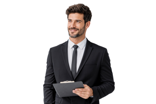 Smiling businessman in a black suit posing with a clipboard in a business setting, isolated on transparent background
