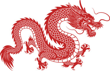Obraz premium Traditional Red Chinese Dragon Silhouette with Zodiac Symbol and Crawling Details – Celebrating Lunar New Year in Asian Culture