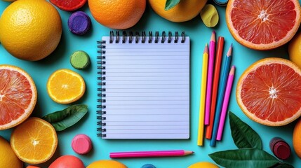 Open blank spiral notebook surrounded by halved and whole grapefruits, colorful pencils, and green leaves on a blue background, vibrant and fresh mood