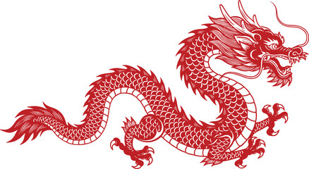 Fototapeta premium Traditional Red Chinese Dragon Silhouette with Zodiac Symbol and Crawling Details – Celebrating Lunar New Year in Asian Culture