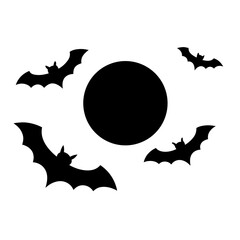 A spooky Halloween scene with bats silhouetted against a full moon
