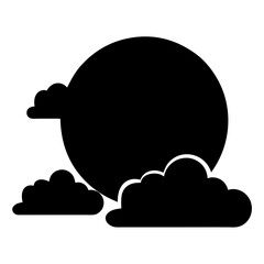 Stylized black and white graphic depiction of a night time moon with clouds