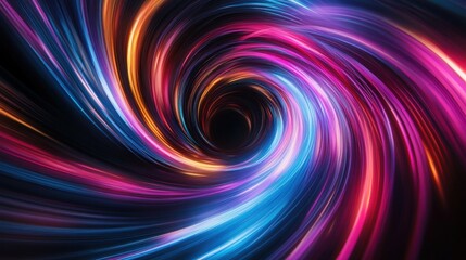 A black hole made of glowing neon light trails, warping reality