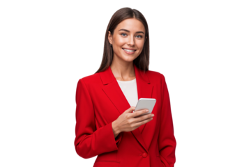 Stylish female executive with straight hair in formal red attire, holding a smartphone, isolated on white or transparent background