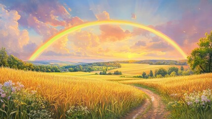 Naklejka premium A vibrant rainbow arches over golden cornfields at sunset, casting warm light and dramatic shadows across the rural landscape