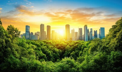 Cityscape sunrise, lush park, urban nature harmony, environmental balance, sustainable living