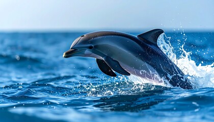 Fototapeta premium Dolphin Leaping Out Of Blue Ocean Water Under Bright Sunlight