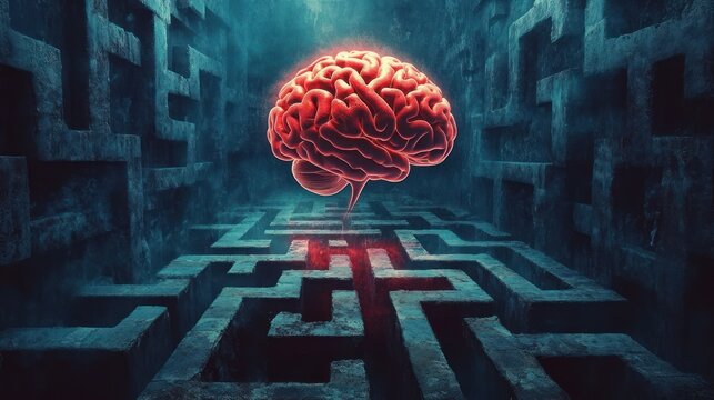 A glowing red human brain hovering above a dark, complex stone maze inside a dimly lit confined space, evoking mystery and intellectual challenge