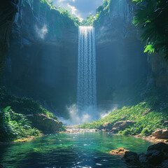 Obraz premium Waterfall cascading in jungle.