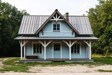 Cozy Blue Cottage with Gable Roof and Wooden Porch