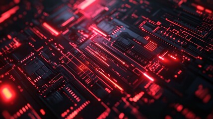 Obraz premium Close-up view of a futuristic black circuit board with glowing red LED lights and intricate electronic patterns creating a high-tech, intense atmosphere