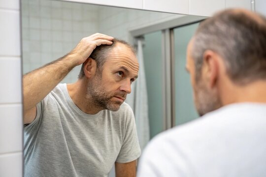 Middle aged caucasian white man with a short beard looks at his hair in the mirror in the bathroom and worried about balding.