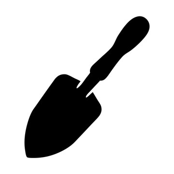 recommend clip art: Black silhouette of a hand trowel, a common gardening tool with handle