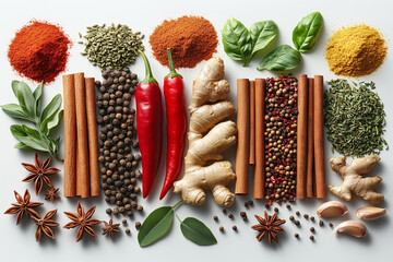 Colorful Assorted Spices and Herbs Flatlay on Clean White Background