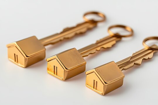 Three gold house-shaped keys rest on a white surface. A symbol of new home ownership or real estate.
