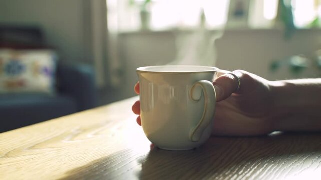 Steaming Coffee Cup Held in Hand on Wooden Table in Bright Sunlight