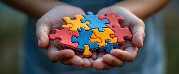 A child's hands gently hold colorful puzzle pieces, symbolizing unity and support.  A heartwarming image representing the beauty of diversity.