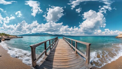 Obraz premium Wooden pier extending into a vibrant turquoise sea under a bright, cloudy sky